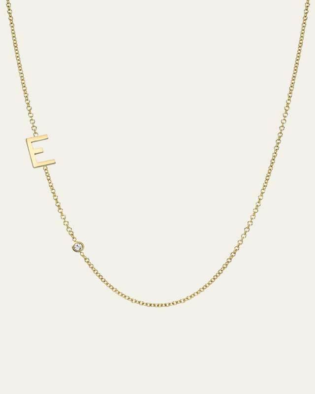 14k Gold Asymmetrical Initial and Bezel Diamond Necklace